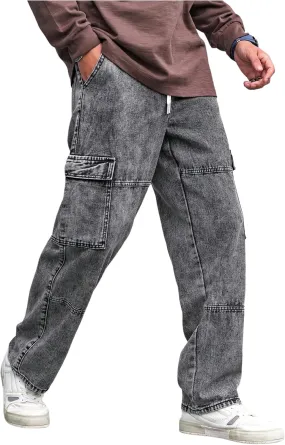 Verdusa Men's Drawstring Waist Flap Pockets Cargo Jeans Denim Pants with Slant Pockets