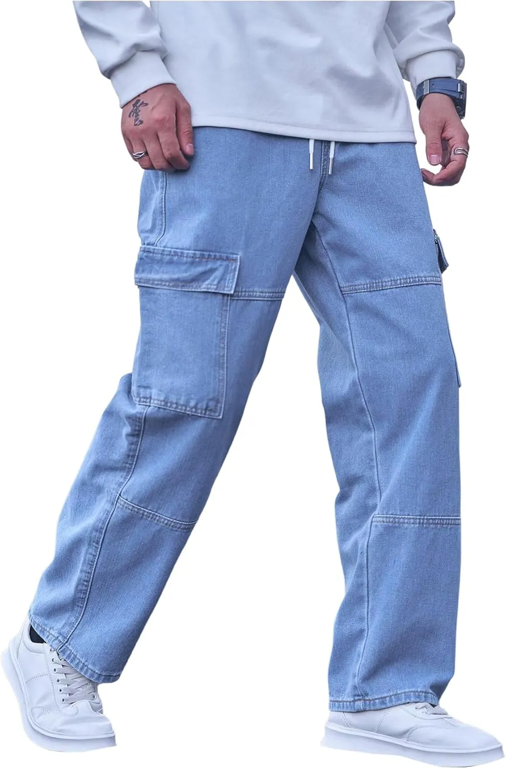 Verdusa Men's Drawstring Waist Flap Pockets Cargo Jeans Denim Pants with Slant Pockets