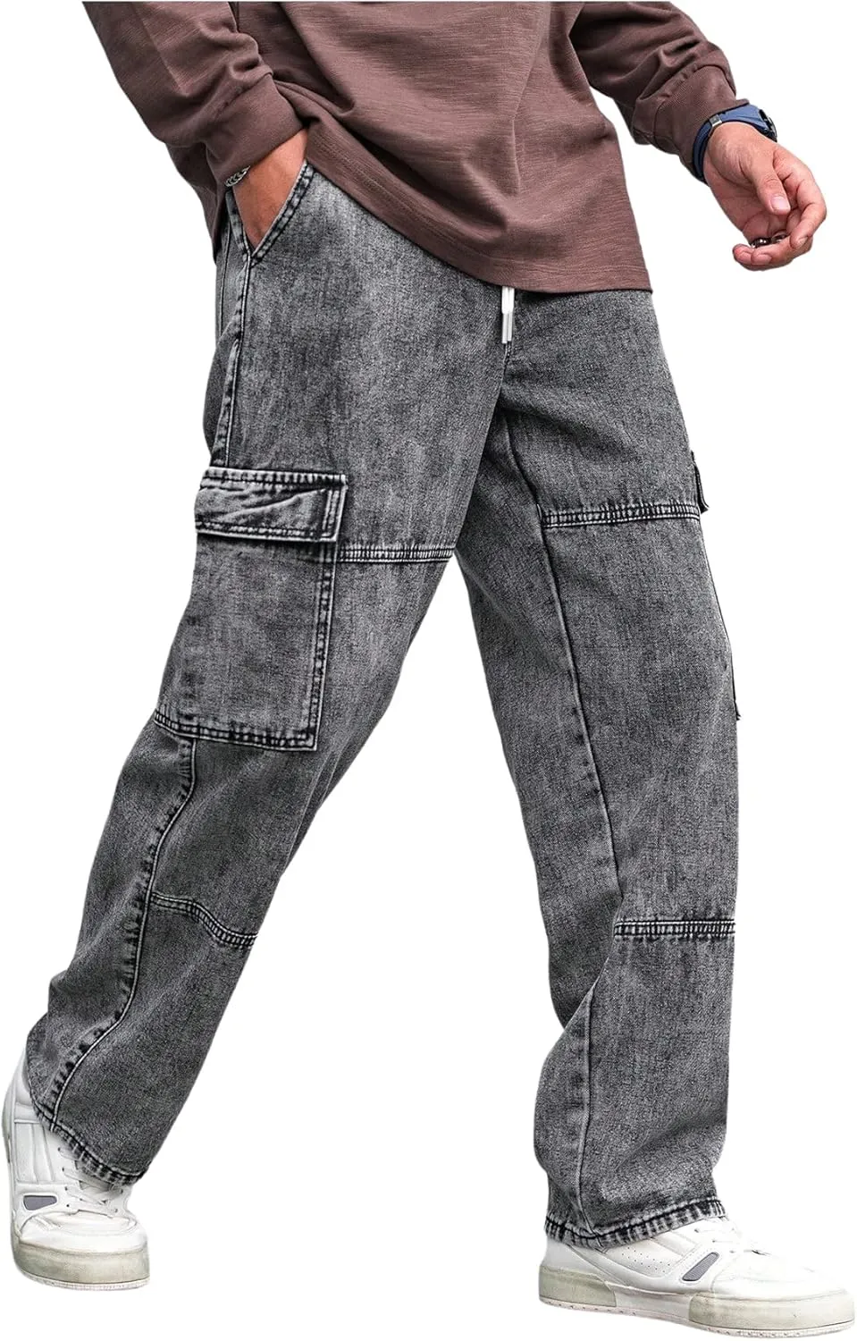 Verdusa Men's Drawstring Waist Flap Pockets Cargo Jeans Denim Pants with Slant Pockets