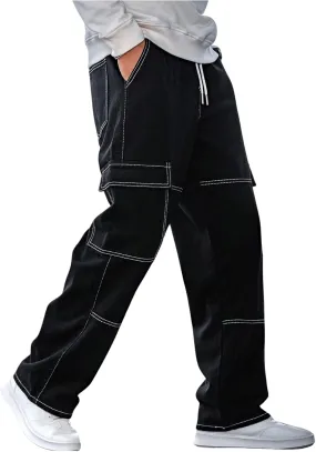 Verdusa Men's Drawstring Waist Flap Pockets Cargo Jeans Denim Pants with Slant Pockets