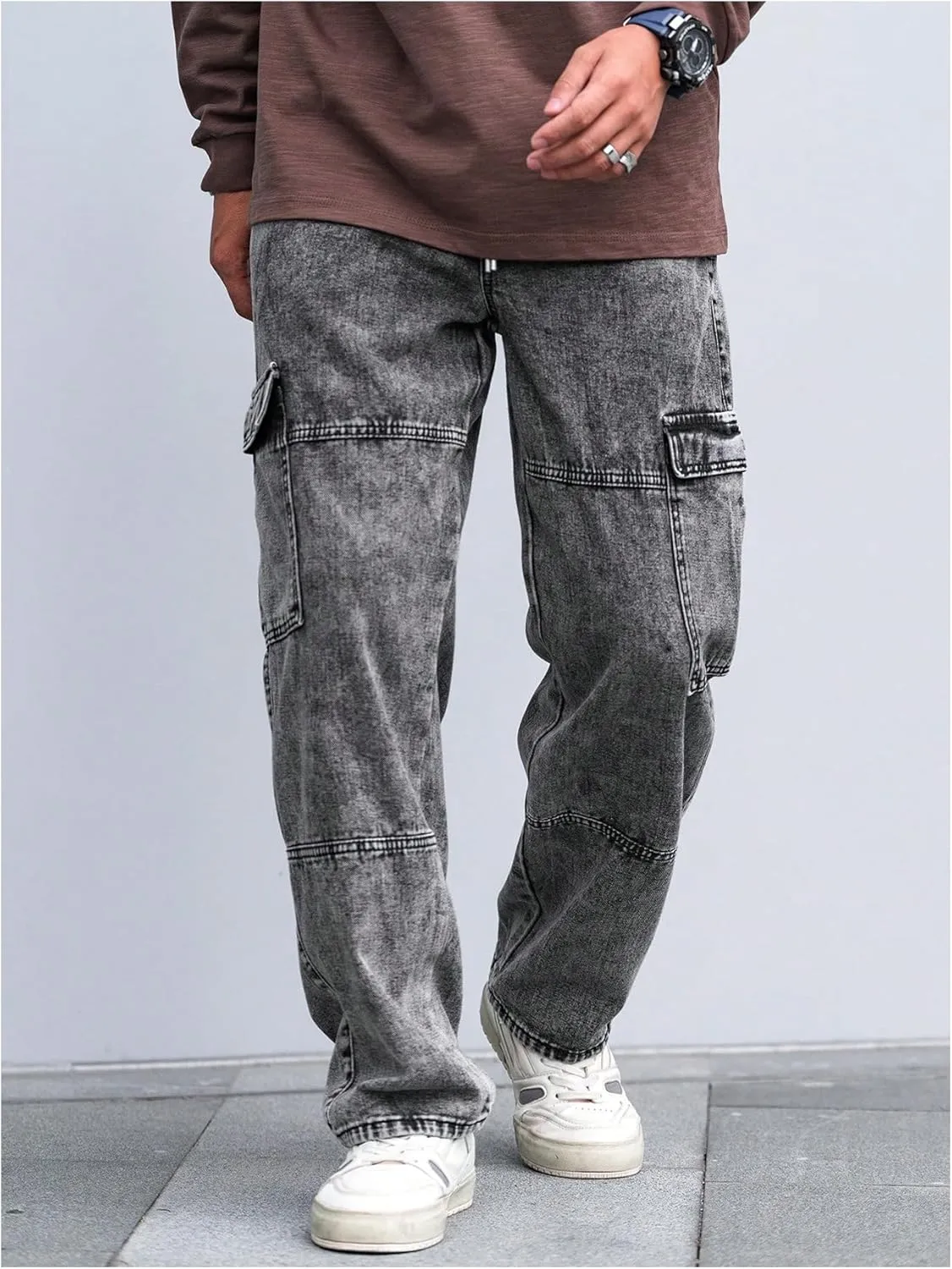 Verdusa Men's Drawstring Waist Flap Pockets Cargo Jeans Denim Pants with Slant Pockets