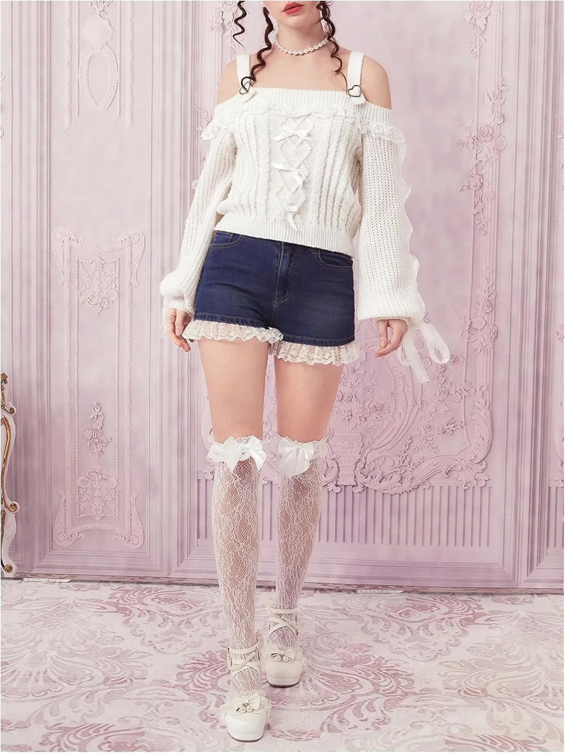Verdusa Women's Cute Cold Shoulder Contrast Lace Bow Lantern Sleeve Cable Knitted Sweater