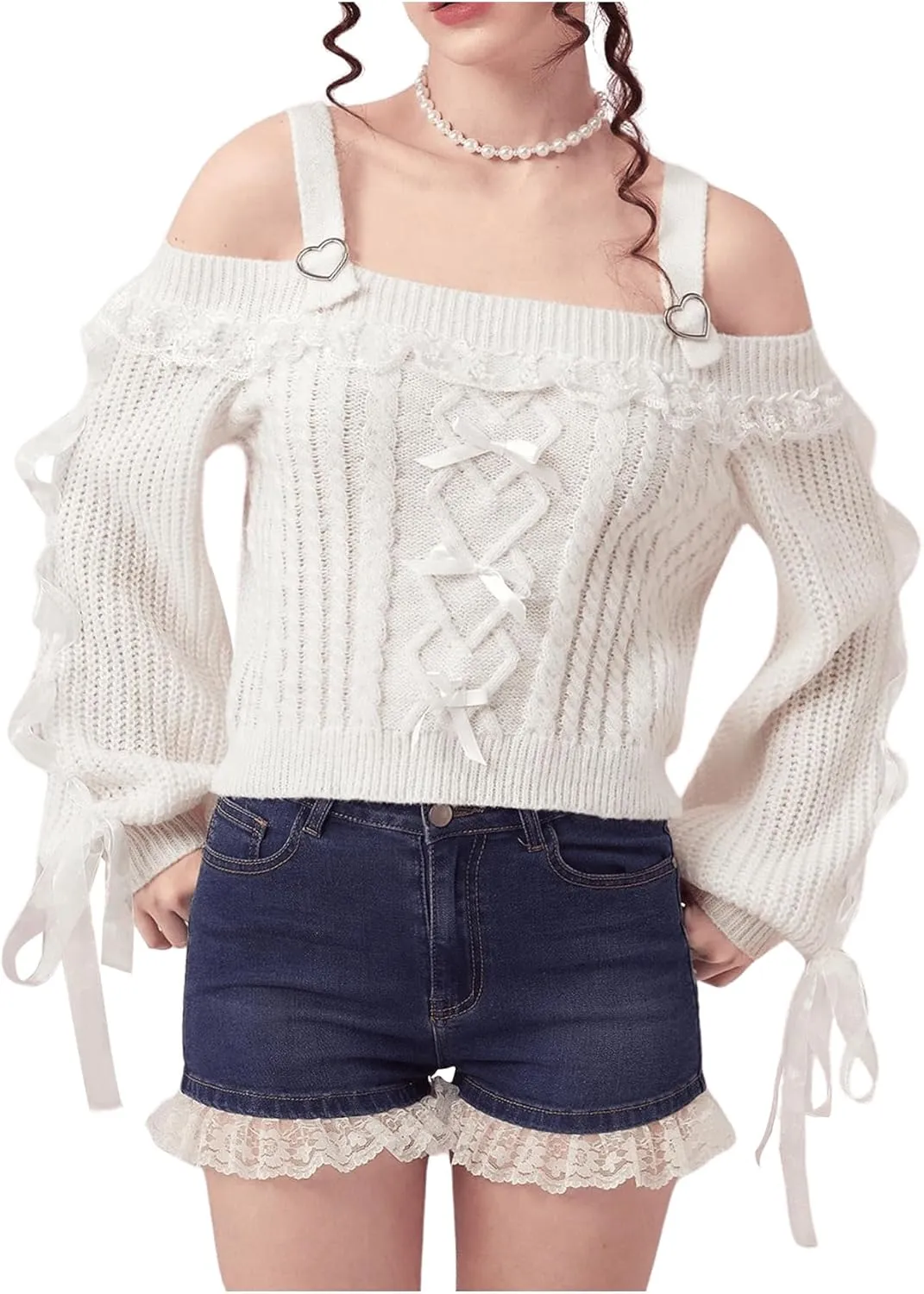 Verdusa Women's Cute Cold Shoulder Contrast Lace Bow Lantern Sleeve Cable Knitted Sweater