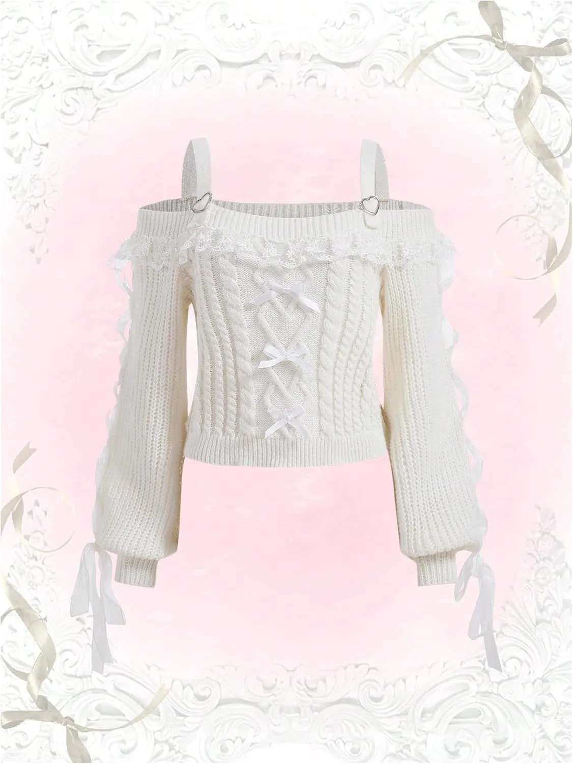 Verdusa Women's Cute Cold Shoulder Contrast Lace Bow Lantern Sleeve Cable Knitted Sweater
