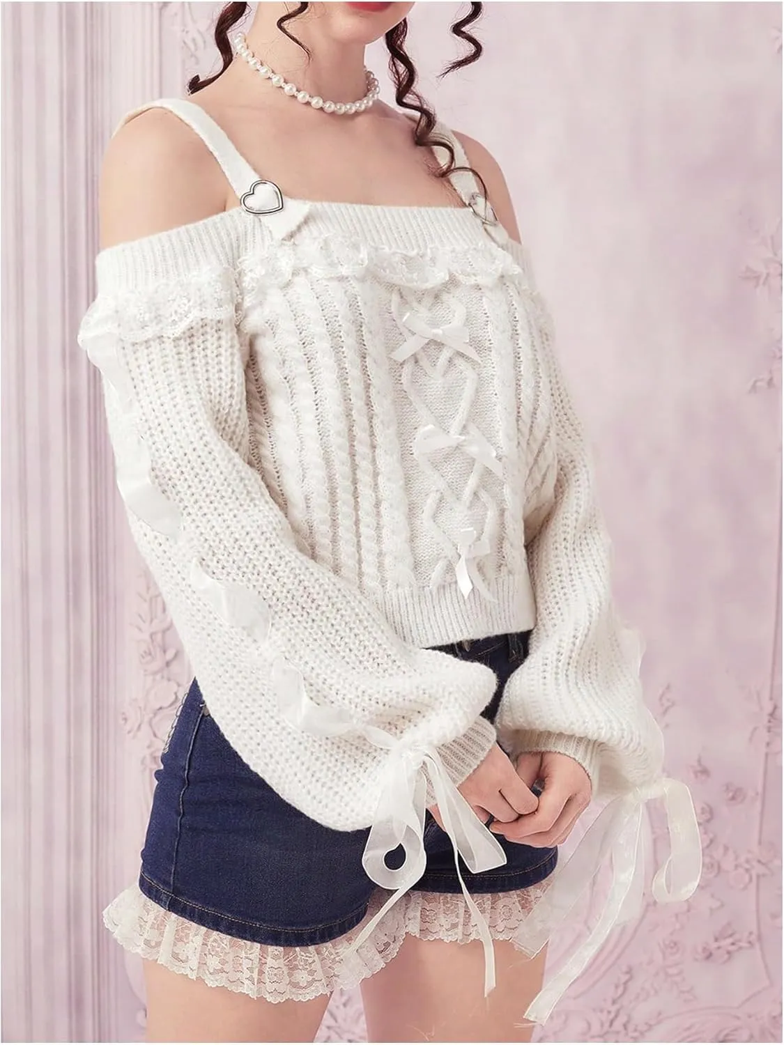Verdusa Women's Cute Cold Shoulder Contrast Lace Bow Lantern Sleeve Cable Knitted Sweater
