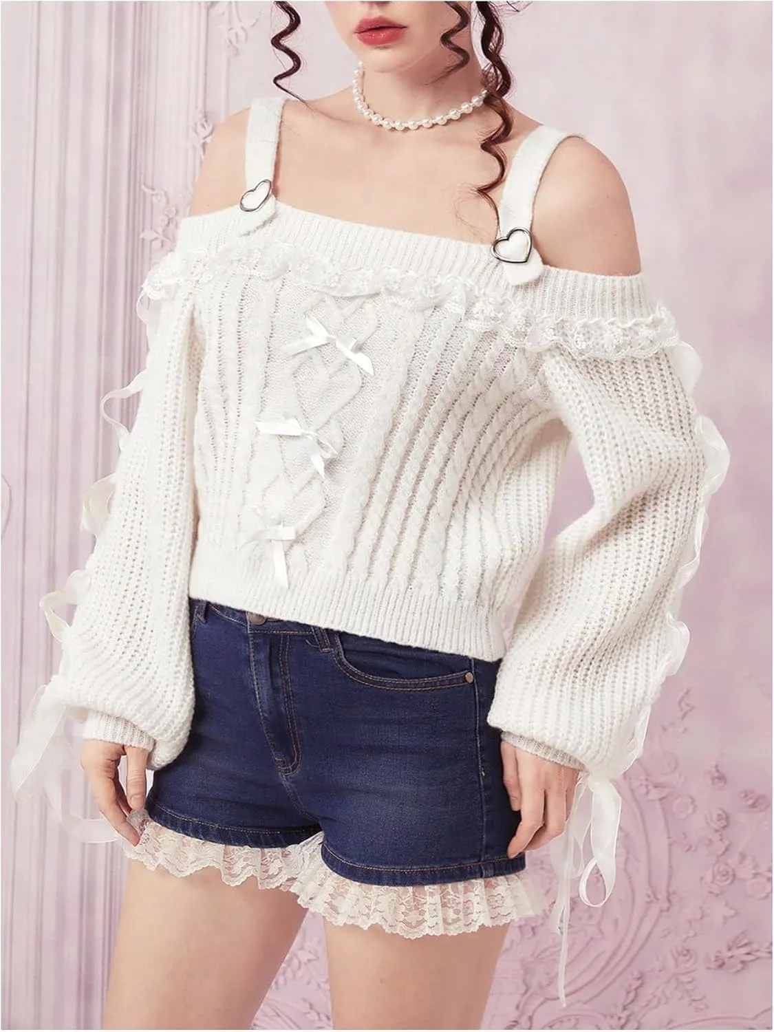 Verdusa Women's Cute Cold Shoulder Contrast Lace Bow Lantern Sleeve Cable Knitted Sweater