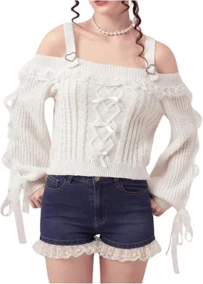 Verdusa Women's Cute Cold Shoulder Contrast Lace Bow Lantern Sleeve Cable Knitted Sweater