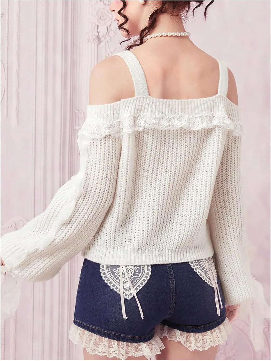 Verdusa Women's Cute Cold Shoulder Contrast Lace Bow Lantern Sleeve Cable Knitted Sweater