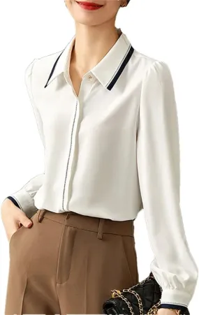Women Color Contrast Blouse Long-Sleeved Office Lady Shirts Office Lady Patchwork Chiffon Top