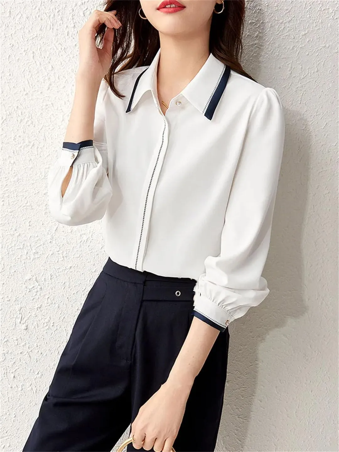 Women Color Contrast Blouse Long-Sleeved Office Lady Shirts Office Lady Patchwork Chiffon Top