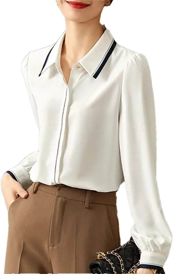 Women Color Contrast Blouse Long-Sleeved Office Lady Shirts Office Lady Patchwork Chiffon Top