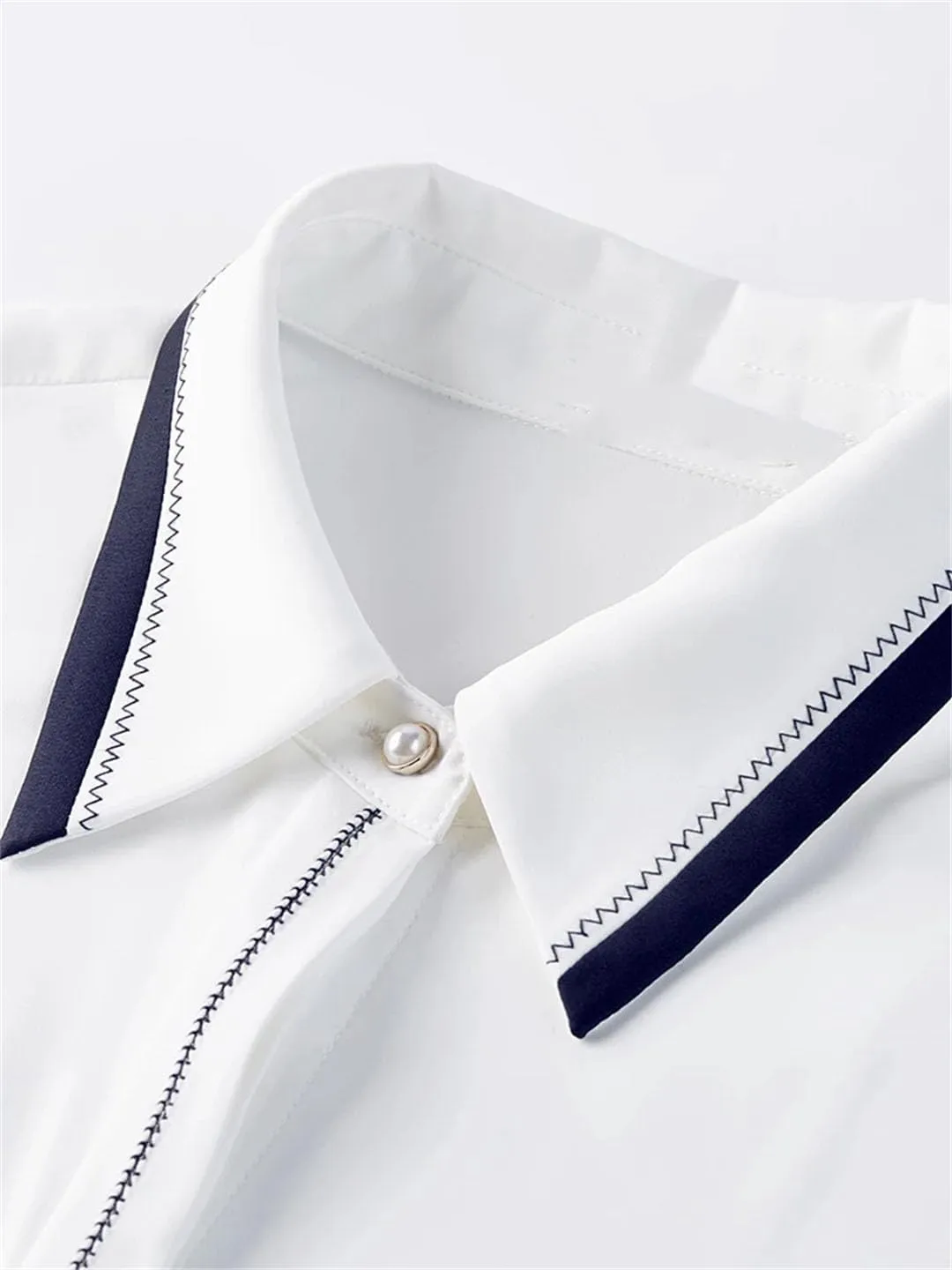 Women Color Contrast Blouse Long-Sleeved Office Lady Shirts Office Lady Patchwork Chiffon Top