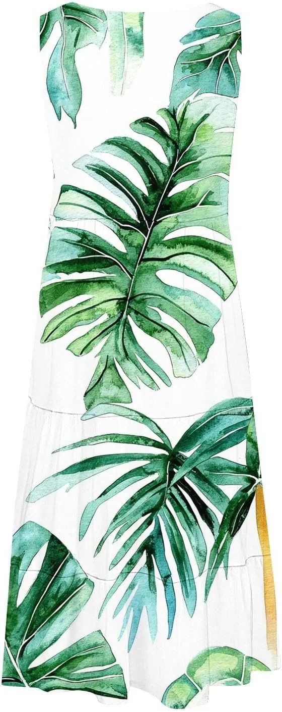 Women's Fashion Sleeveless Beach Dress Summer Casual Round Neck Cake Sundress Trendy Print Vacation Dresses