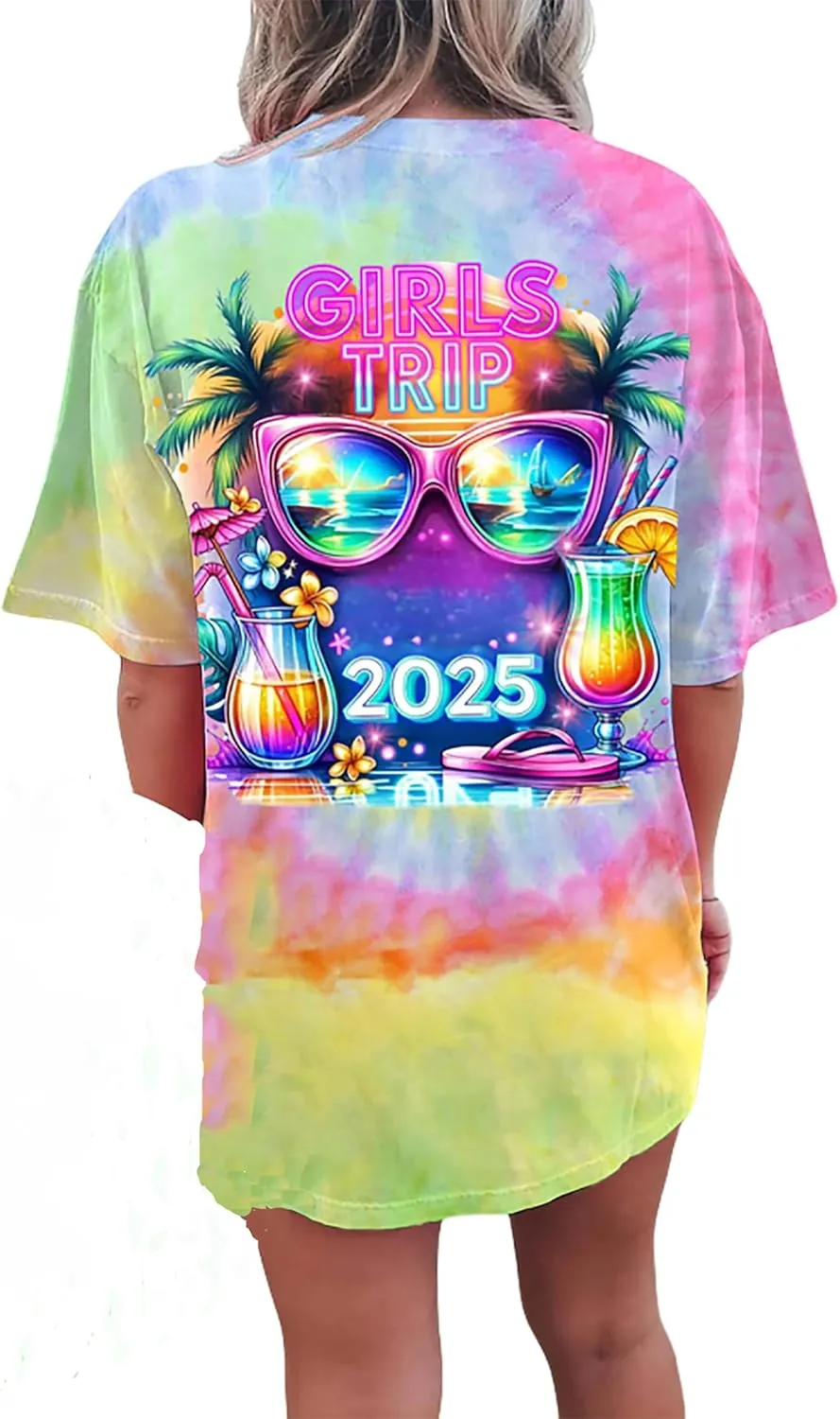 Women's Girls Trip 2025 Shirt Oversized Beach Tshirts Graphic Tees Coconut Tree Short Sleeve Summer Casual Loose Tops