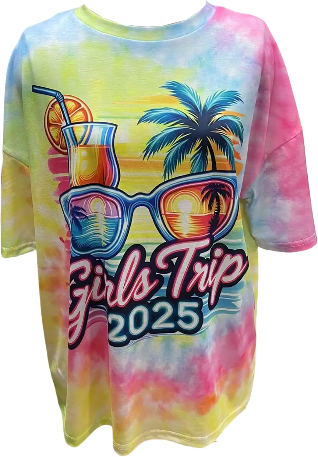 Women's Girls Trip 2025 Shirt Oversized Beach Tshirts Graphic Tees Coconut Tree Short Sleeve Summer Casual Loose Tops