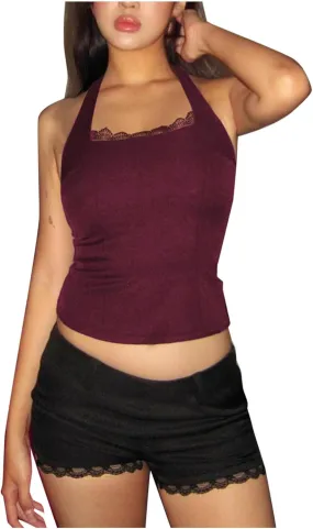 Women's Halter Neck Lace Up Tank Tops Backless Slim Sleeveless Crop Top Summer Trendy Going Out Casual Basic Blouse