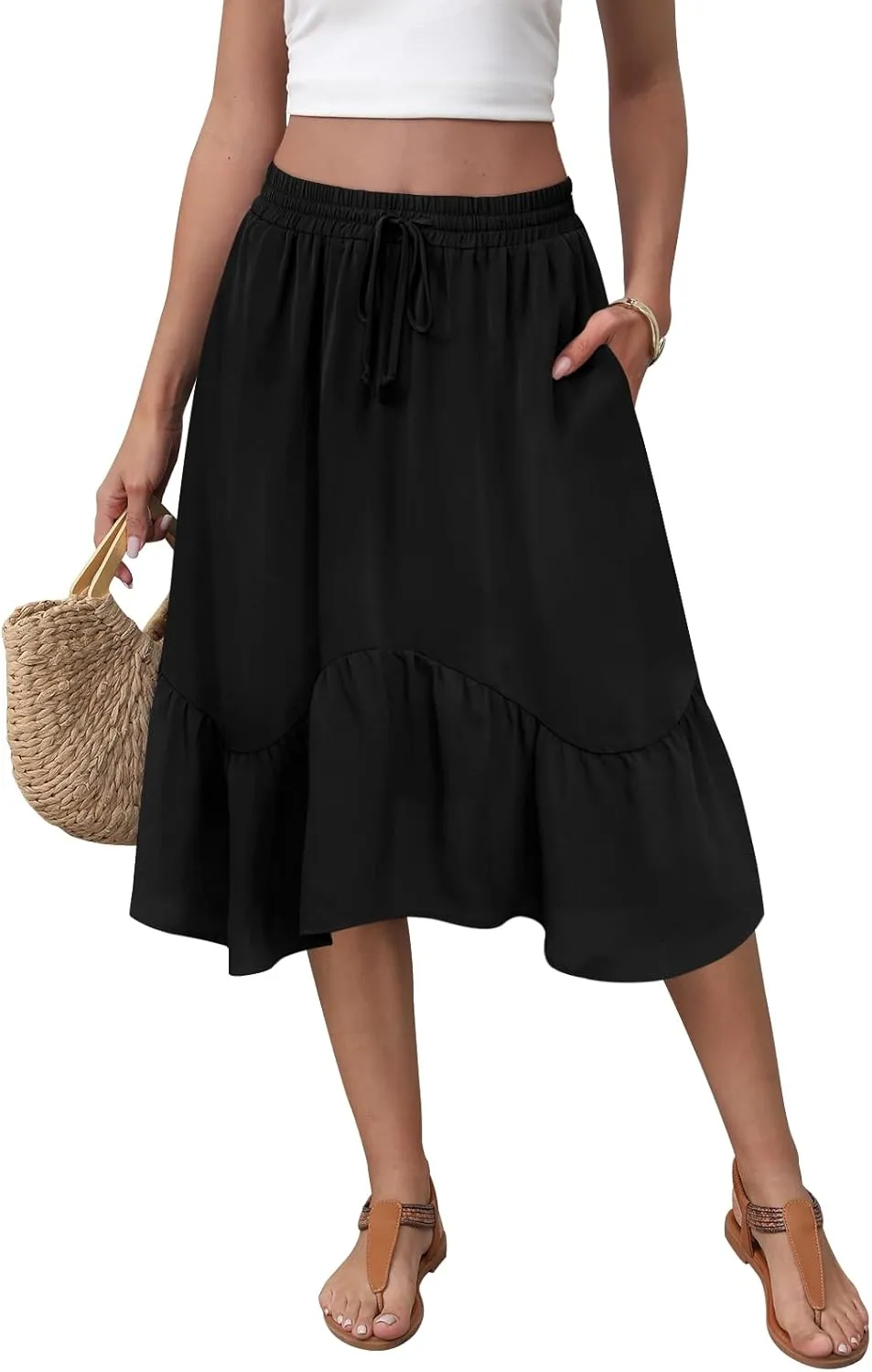 Women's Midi Skirt Summer Flowy Tiered Asymmetrical High Waisted Casual Skirts with Pockets