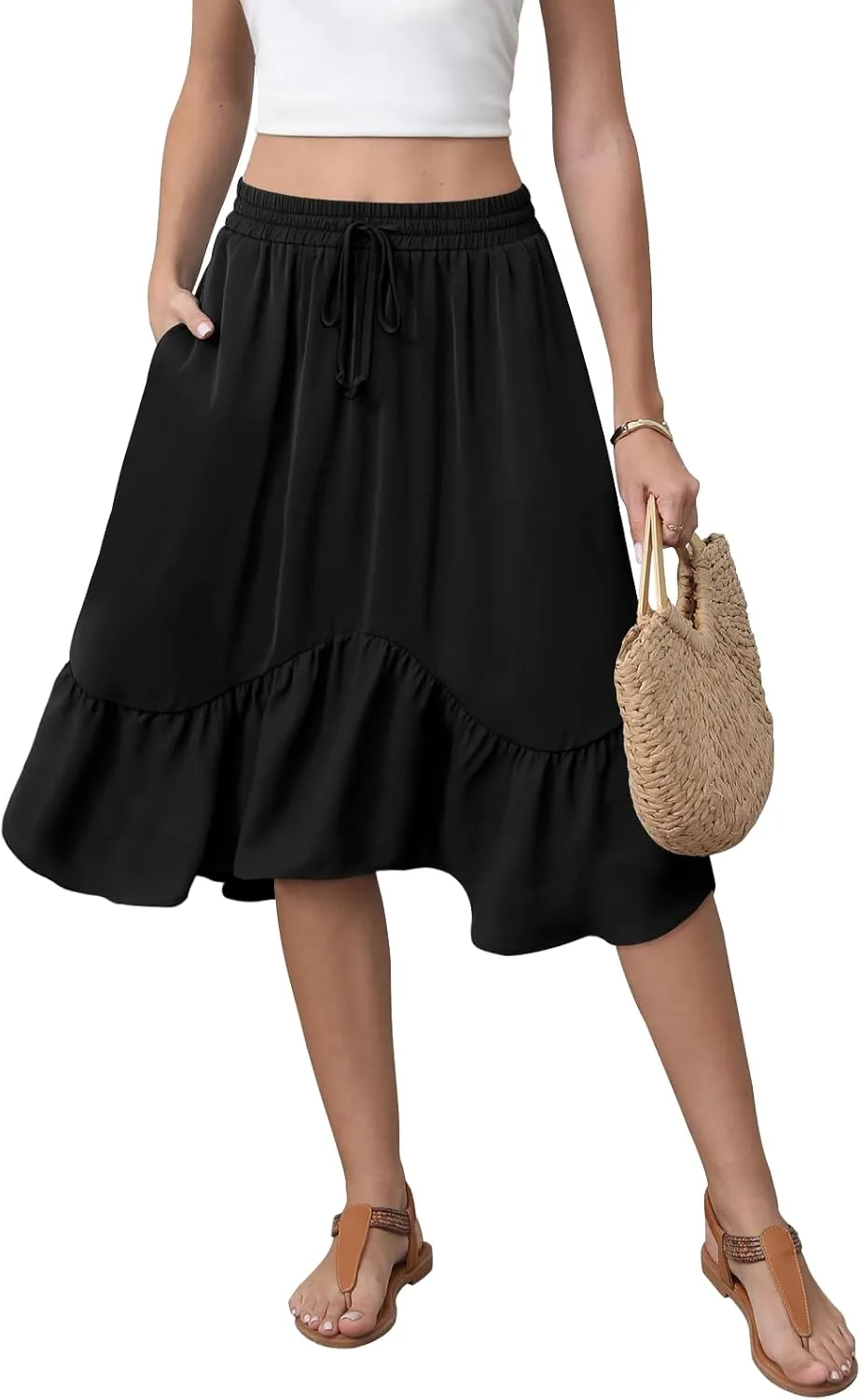 Women's Midi Skirt Summer Flowy Tiered Asymmetrical High Waisted Casual Skirts with Pockets