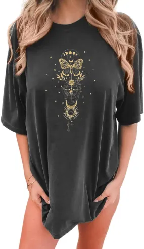 Womens Oversized Graphic Tees Moon Printed Tshirts Butterfly Shirt Vintage Summer Y2K Tops