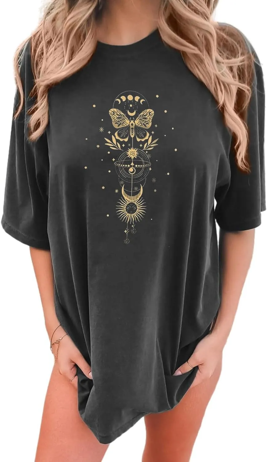 Womens Oversized Graphic Tees Moon Printed Tshirts Butterfly Shirt Vintage Summer Y2K Tops