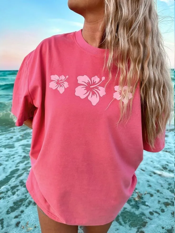 Womens Oversized Vintage Flower Tshirts Preppy Western Graphic Tees Tops Y2k Ocean Coastal Summer Beachy T Shirts
