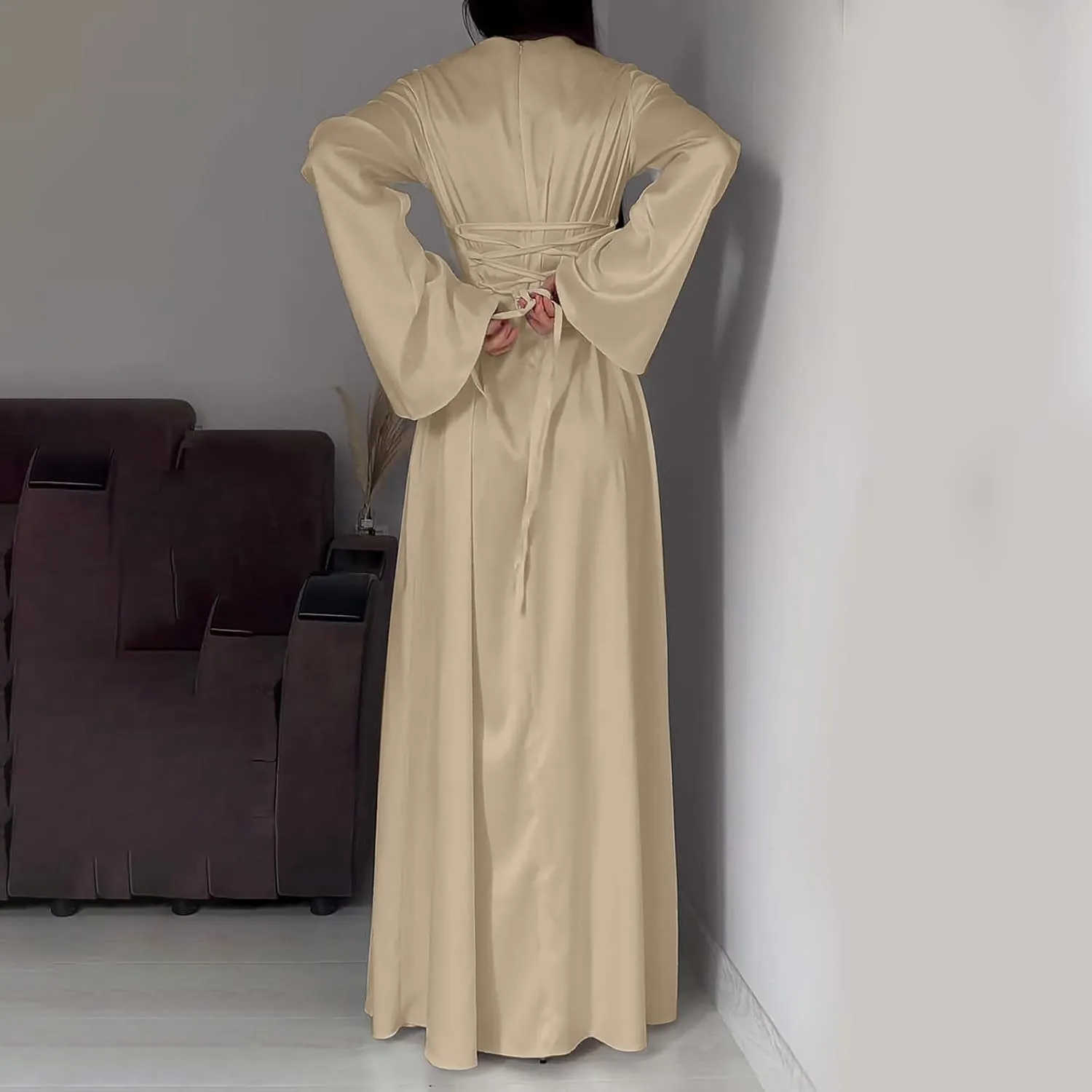 Womens Silk Satin Long Dress Long Sleeve Crewneck Lace Up Tie Back Wedding Guest Party Maxi Dresses Vintage Ball Gown