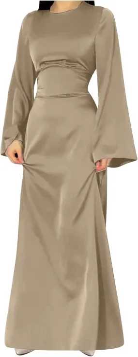 Womens Silk Satin Long Dress Long Sleeve Crewneck Lace Up Tie Back Wedding Guest Party Maxi Dresses Vintage Ball Gown