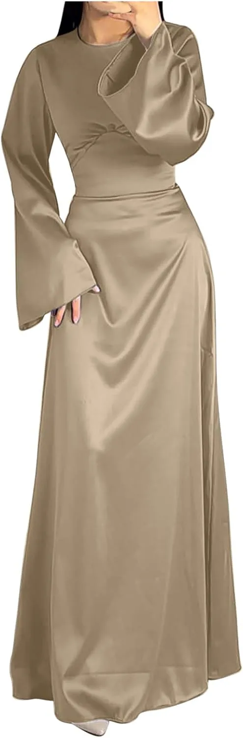 Womens Silk Satin Long Dress Long Sleeve Crewneck Lace Up Tie Back Wedding Guest Party Maxi Dresses Vintage Ball Gown