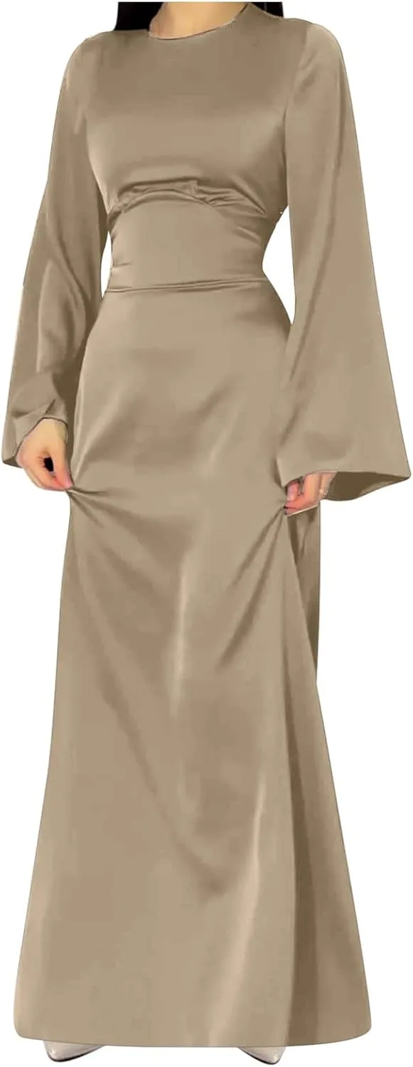 Womens Silk Satin Long Dress Long Sleeve Crewneck Lace Up Tie Back Wedding Guest Party Maxi Dresses Vintage Ball Gown