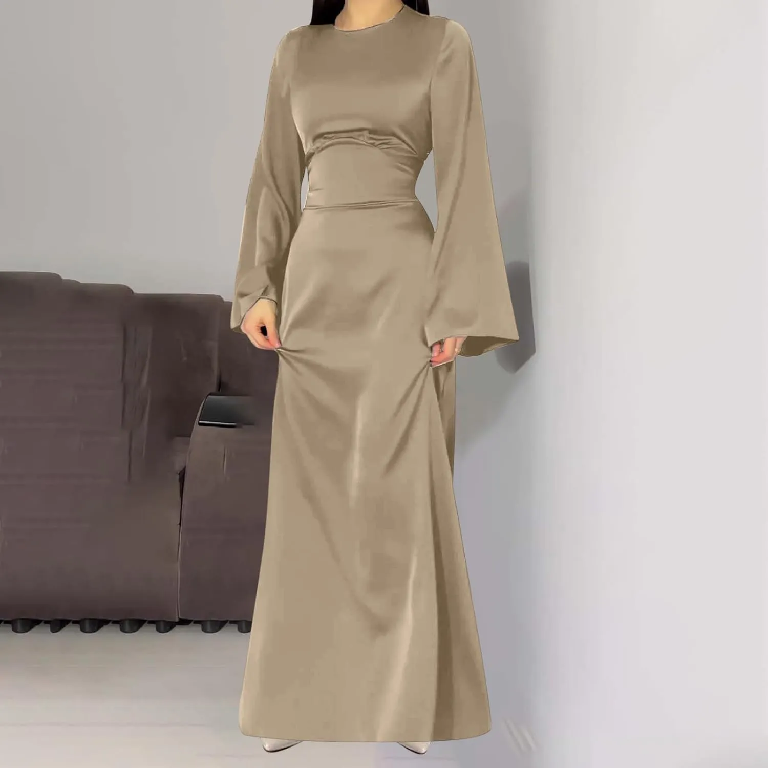 Womens Silk Satin Long Dress Long Sleeve Crewneck Lace Up Tie Back Wedding Guest Party Maxi Dresses Vintage Ball Gown
