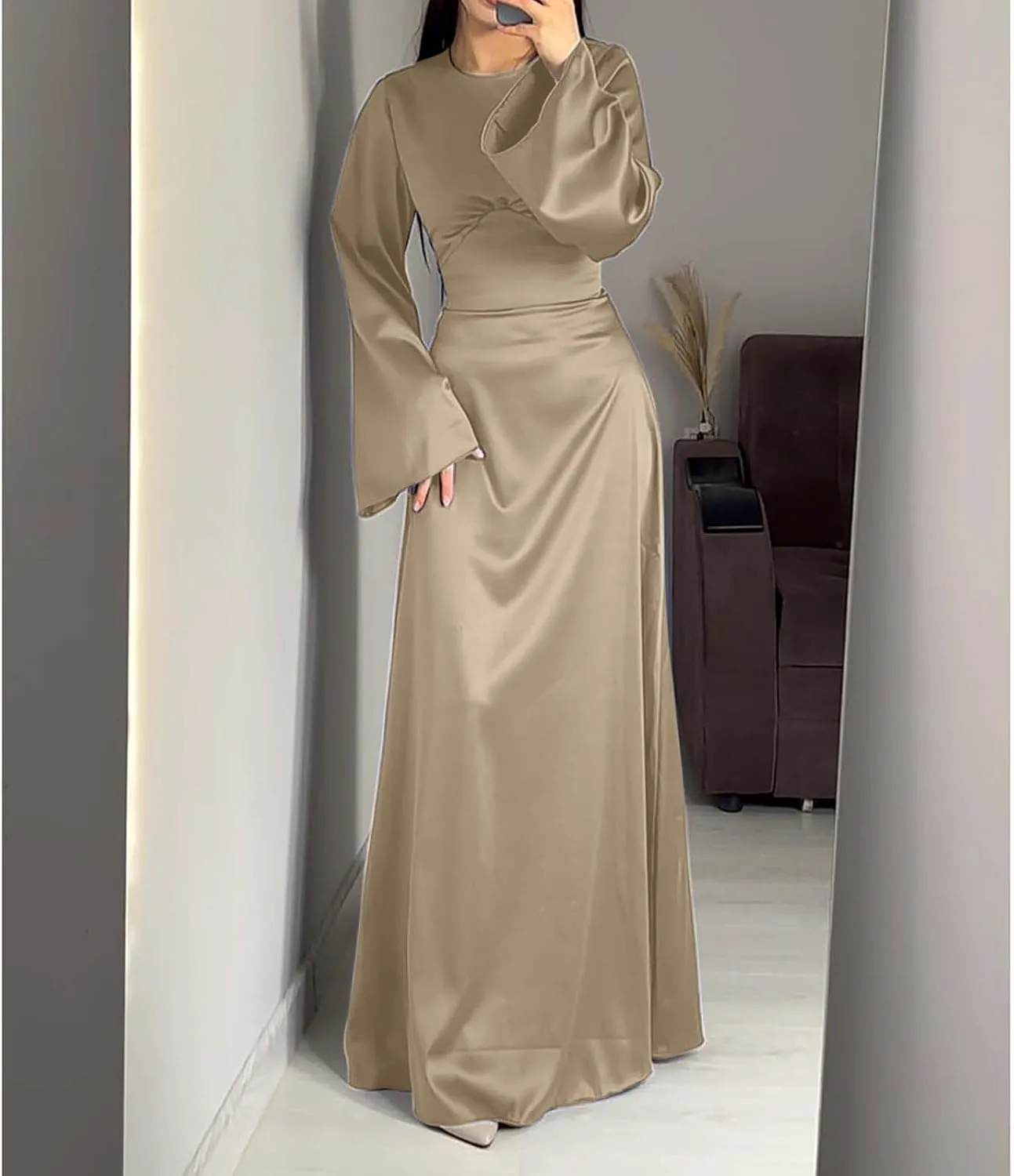 Womens Silk Satin Long Dress Long Sleeve Crewneck Lace Up Tie Back Wedding Guest Party Maxi Dresses Vintage Ball Gown