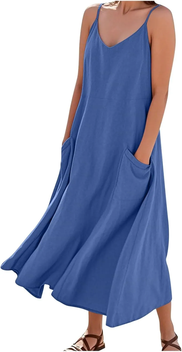 Women's Summer Beach Sundress Spaghetti Strap V Neck Loose Flowy Long Dress Casual Solid Color Dress with Pockets
