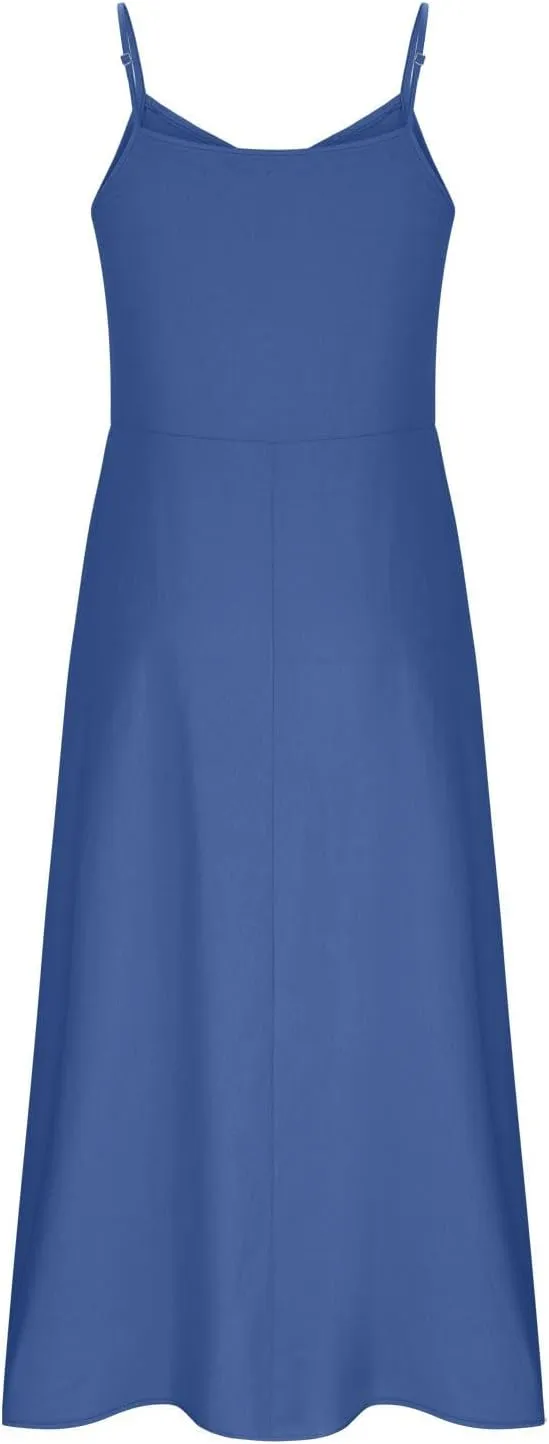 Women's Summer Beach Sundress Spaghetti Strap V Neck Loose Flowy Long Dress Casual Solid Color Dress with Pockets