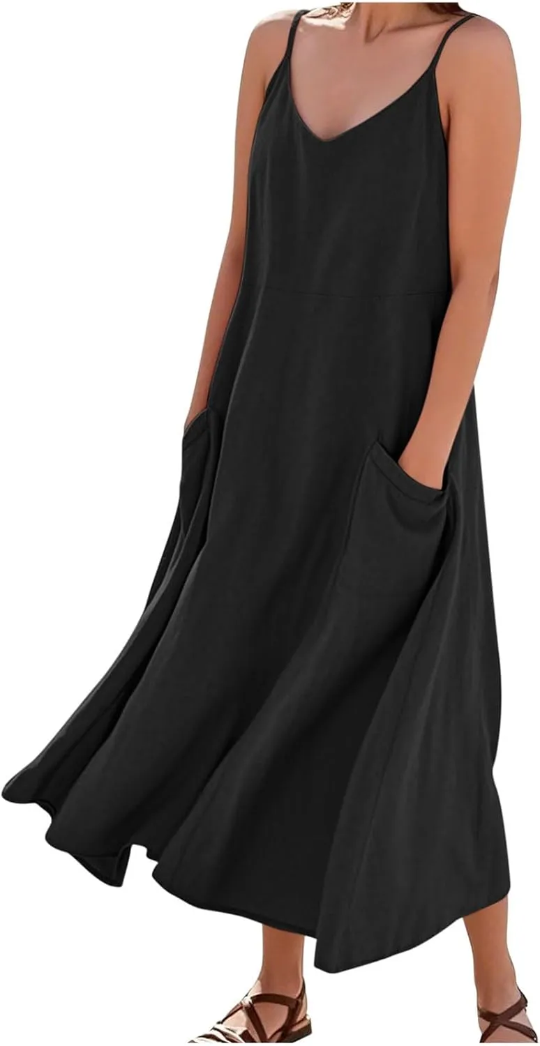 Women's Summer Beach Sundress Spaghetti Strap V Neck Loose Flowy Long Dress Casual Solid Color Dress with Pockets