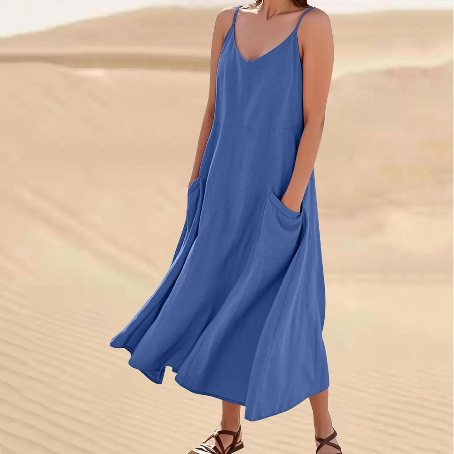 Women's Summer Beach Sundress Spaghetti Strap V Neck Loose Flowy Long Dress Casual Solid Color Dress with Pockets