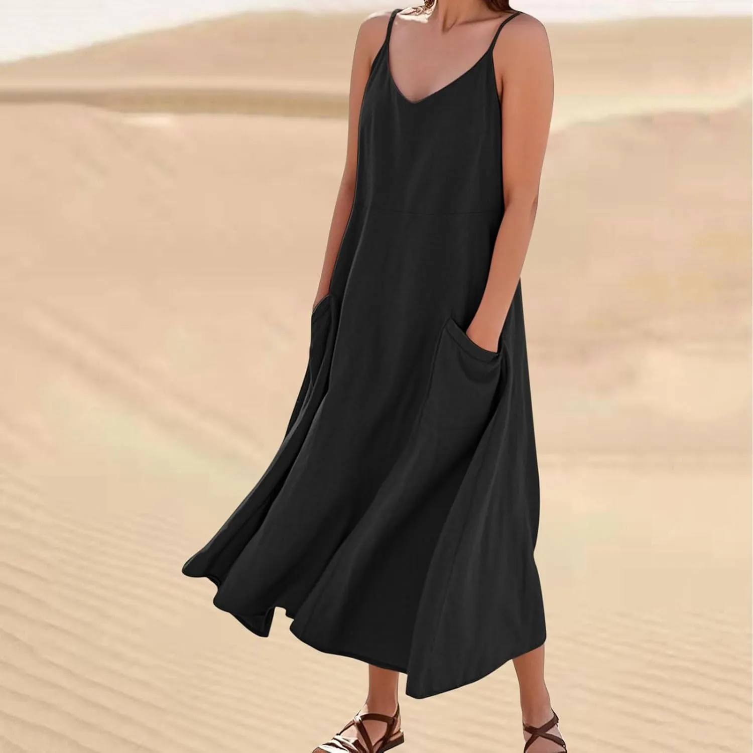 Women's Summer Beach Sundress Spaghetti Strap V Neck Loose Flowy Long Dress Casual Solid Color Dress with Pockets