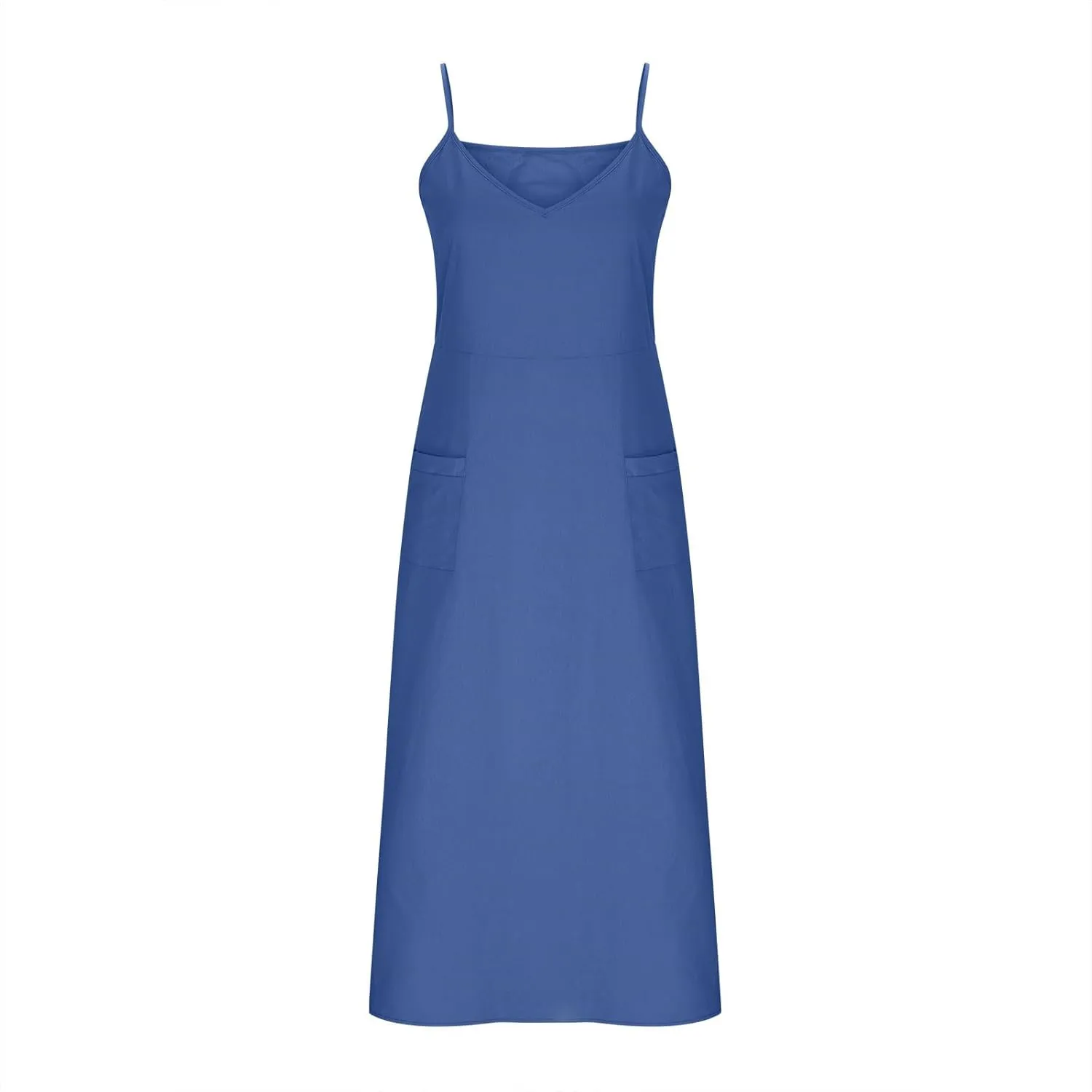 Women's Summer Beach Sundress Spaghetti Strap V Neck Loose Flowy Long Dress Casual Solid Color Dress with Pockets