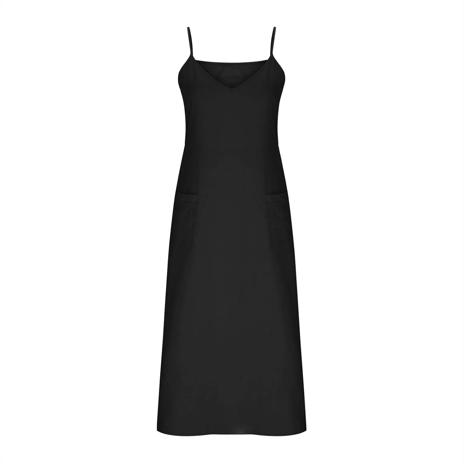 Women's Summer Beach Sundress Spaghetti Strap V Neck Loose Flowy Long Dress Casual Solid Color Dress with Pockets